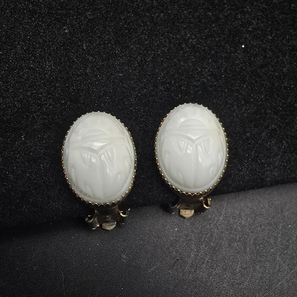 White Milk Scarab Earrings Clip On Egyptian Revival Beetle Bug Insect Vintage
